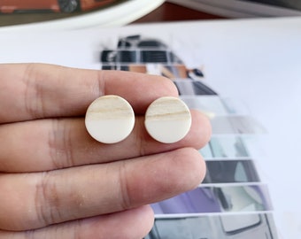 10pcs Round Earrings Post, Semi Translucent Resin Earring, Circle Wood Earrings Ear Stud, Wood and Resin , Color Blocked