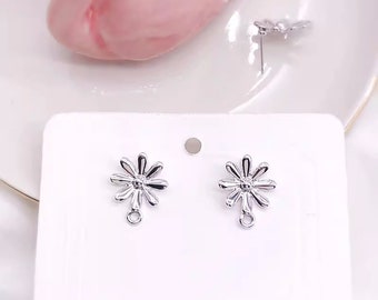 10pcs Tiny Daisy Stud Earrings, Silver Flower Earrings With Loop, 14K Real Gold Plated Brass Earring Stud Components