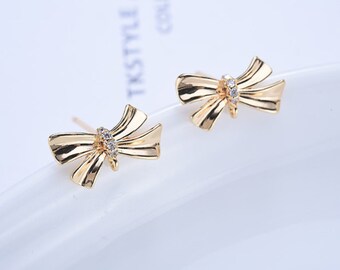 10pcs CZ Paved Butterfly Ear Posts, Real Gold Plated Brass Stud Earrings, Butterfly Earrings With 925 Sterling Silver Ear Stick