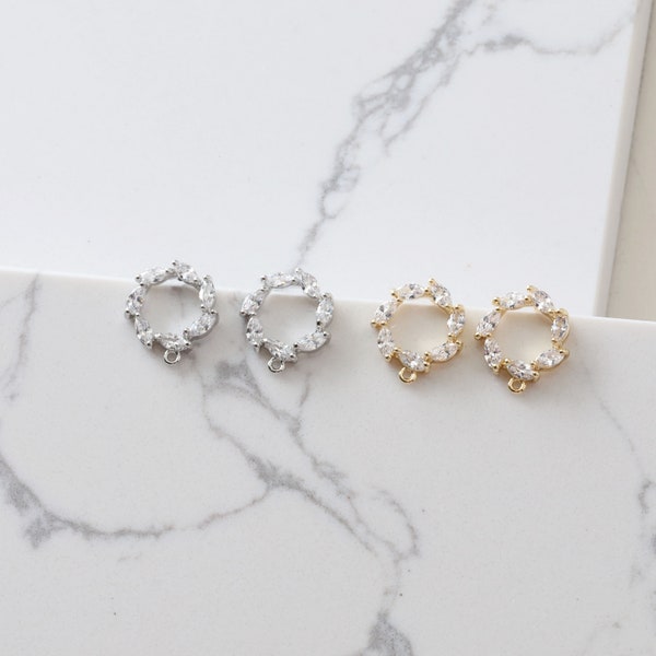 6pcs CZ Paved Circle Earring Posts, Cubic Zirconia Earring Stud, Round Zircon Stud Earrings With Loop, Gold Plated Brass Hoop Earrings