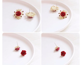 10pcs Rose Flower Stud Earrings, Red Rose Flower Earring With Loop, 14K Real Gold Plated Brass Matte Gold Earring Stud Components