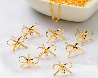 6pcs Gold Bow Earring Posts, Bowknot Stud Earrings With Loop, Gold Plated Brass Bowtie Earring Stud Components