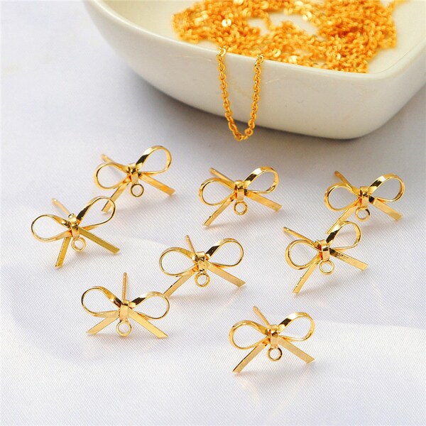 6pcs Gold Bow Earring Posts, Bowknot Stud Earrings With Loop, Gold Plated Brass Bowtie Earring Stud Components