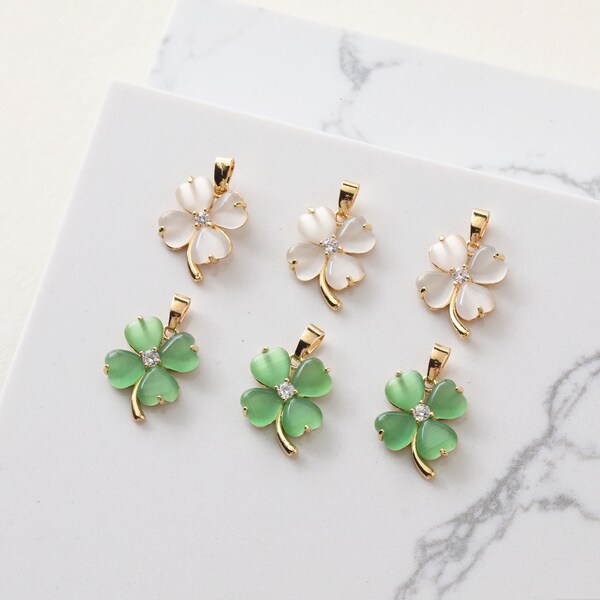 2pcs Green Opal Four Leaf Clover Charm,Cubic Zirconia Opal Flower Pendant,18K Gold Plated Brass Earring Necklace Zircon Pendant - A693