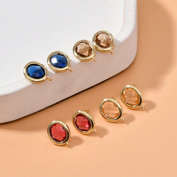 6pcs CZ Paved Oval Earring Posts, Oval Rhinestones Stud Earrings, Gold Plated Brass Zircon Crystal Gemstone Earring Stud Components