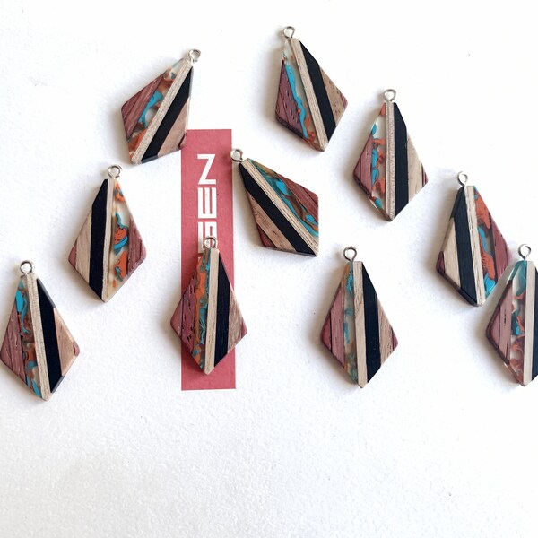 10pcs Rhombus Wood Pendants With Loop,Translucent Multicolor Resin Charms,Wood and Resin,Color Blocked, Epoxy Resin Earrings Necklace Charms