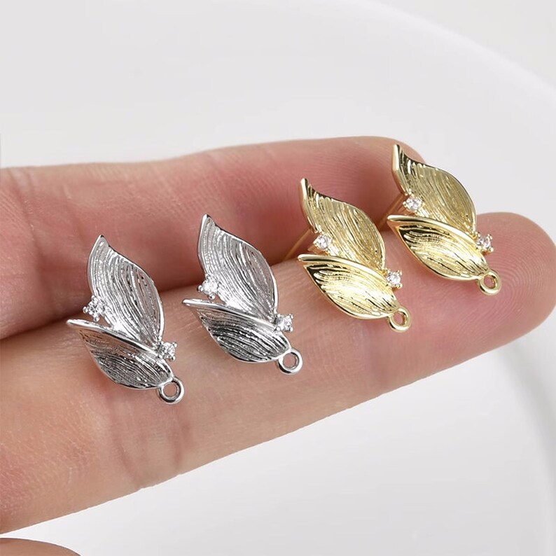 10pcs CZ pave Leaf Earrings, Gold/Silver Tone Leaves Stud Earring With Loop, 14K Real Gold Plated Brass Earring Stud Components image 1