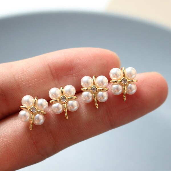 4pcs CZ Paved Pearl Earring Posts, Cubic Zirconia Earring Stud, Square Pearl Zircon Stud Earrings, Gold Plated Brass Earring Components
