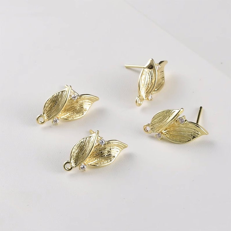 10pcs CZ pave Leaf Earrings, Gold/Silver Tone Leaves Stud Earring With Loop, 14K Real Gold Plated Brass Earring Stud Components image 2