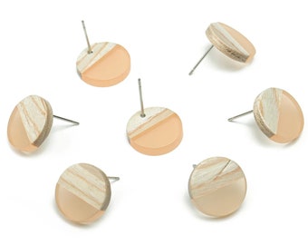 10pcs Round Earrings Post, Semi Translucent Resin Earring, Circle Wood Earrings Ear Stud, Wood and Resin , Color Blocked