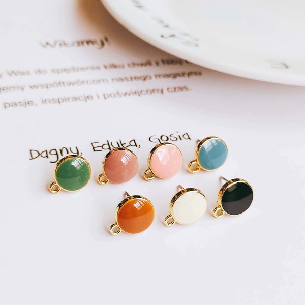 10pcs Enamel Round Earring Posts With Loop,Gold Plated Brass Enamel Earring Stud,Dripping Oil Round Stud Earrings Components