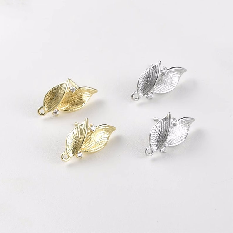 10pcs CZ pave Leaf Earrings, Gold/Silver Tone Leaves Stud Earring With Loop, 14K Real Gold Plated Brass Earring Stud Components image 6