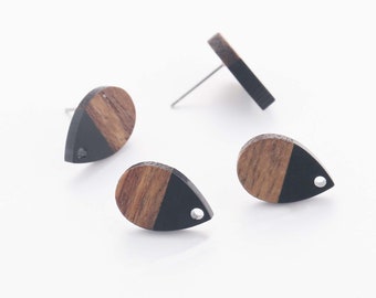 10pcs Teardrop Earrings Post,Semi Translucent Black Resin Earring,Waterdrop Wood Earrings Ear Stud With Hole, Wood and Resin , Color Blocked