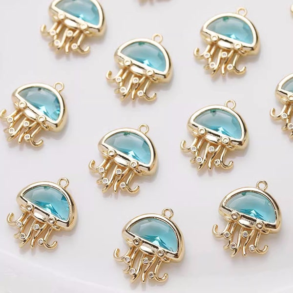 4pcs Blue Zircon Jellyfish Charms,Blue Jellyfish Pendants With Loop,18K Gold Plated Brass Animal Earring Necklace Pendant Connectors - A1257