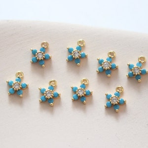 6pcs CZ Pave Zircon Flower Charm, Blue Enamel Petal Pendant, 18K Gold Plated Brass Earring Necklace Pendant Connectors - A659