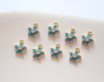 6pcs CZ Pave Zircon Flower Charm, Blue Enamel Petal Pendant, 18K Gold Plated Brass Earring Necklace Pendant Connectors - A659