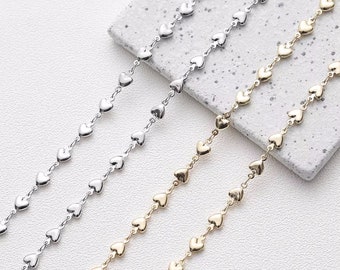 1cm Love Heart Chain,14K Gold Plated Brass Heart Extension Chain,Tiny Flat Soldered Necklace Cable Chain,Jewelry Craft Bulk Chain Wholesale