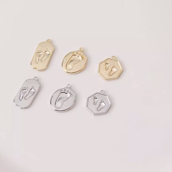 6pcs Gold Plated Brass Footprint Charm, Gold/Silver Tone Round Coin Footprint Pendant, Oval Footprint Pendant, Hexagon Footprint Pendant