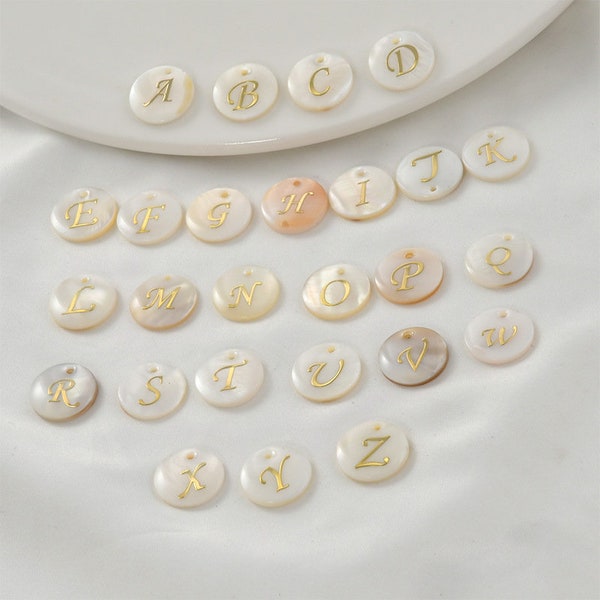 Shell Alphabet Charms, English Letter Beads, Round Coin Disc Letter Pendant, Initial Charms, Gilded Letters Charm, You Choose Letter