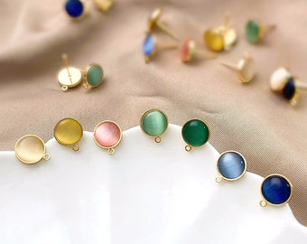 6pcs Round Cat's Eye Gemstone Earrings, Circular Rhinestone Gemstone Earring Stud,18K Gold Plated Brass Stud Earrings Components