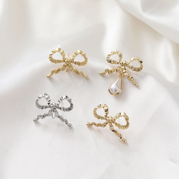 4pcs Gold/Silver Tone Bow Earring Posts, Bowknot Stud Earrings With Loop, Gold Plated Brass Bowtie Earring Stud Components