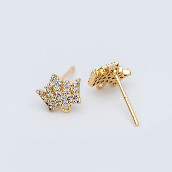 4pcs Crown Cubic Zirconia Earring Posts, CZ Pave Diamante Earring Stud,Gold Plated Brass Zircon Crown Stud Earrings With Loops