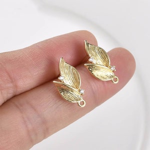 10pcs CZ pave Leaf Earrings, Gold/Silver Tone Leaves Stud Earring With Loop, 14K Real Gold Plated Brass Earring Stud Components Gold