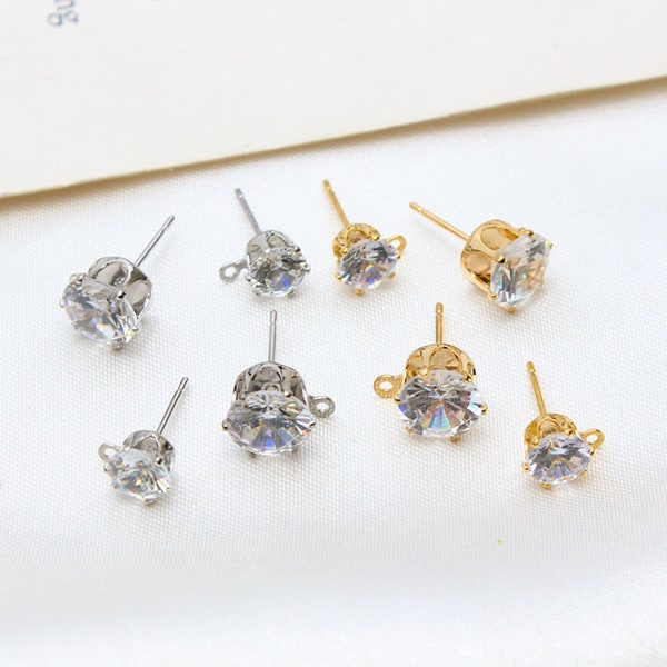 10pcs Gold/ Silver Tone Round Cubic Zirconia Earring Posts With Loops, CZ Pave Diamante Earrings,Gold Plated Brass Zircon Stud Earrings