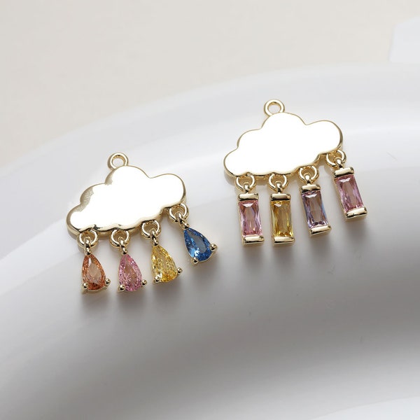 4 breloques nuage de pluie en zircone pavée zircone cubique, pendentif nuage en zircone cubique avec gouttes de pluie, breloques ciel météo en laiton plaqué or 18 carats - A606