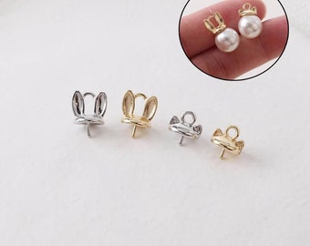 10pcs Rabbit Ear Bead Caps,Gold/Silver Bunny Bead Cap,Gold Plated Brass Cat Ear Pearl Cap,Drilled Bead Cap, Peg For Half Drilled Pearl Mount