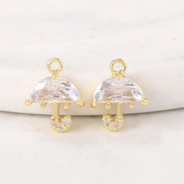 2pcs Bling CZ Pave Zircon Umbrella Pendant,Clear Cubic Zirconia Crystal Umbrella Pendant,Gold Plated Brass Umbrella charms Jewelry Finding