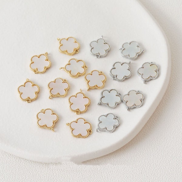 6pcs Sea Shell Four Leaf Clover Charm,Gold/Silver Tone Shell Petal Pendant,14K Gold Plated Brass Earring Necklace Bracelet Pendant Connector