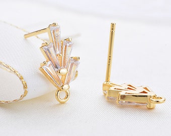 10pcs CZ Paved Leaves Earring Posts, Cubic Zirconia Earring Stud, Leaf Zircon Stud Earrings With Loop, Gold Plated Brass Earring Components