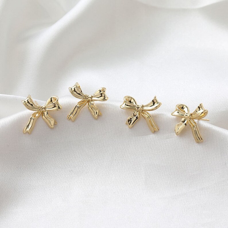 4pcs Gold/Silver Tone Bow Earrings,Bowknot Earring Post With Ear Back,Bowtie Stud Earrings,Gold Plated Brass Bow knot Earring Stud Component image 4