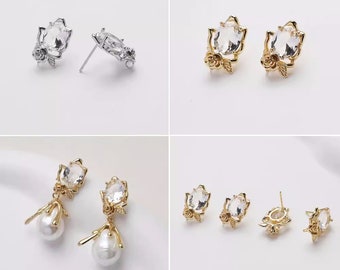 4pcs Oval Crystal Rose Flower Earrings, Gold/Silver Tone Oval Flower Stud Earrings, Cubic Zirconia Earring Stud Components - A1804