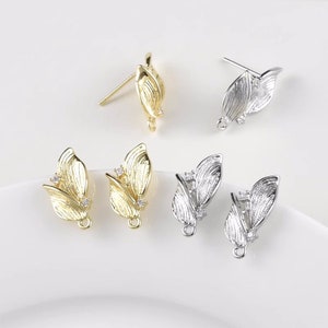 10pcs CZ pave Leaf Earrings, Gold/Silver Tone Leaves Stud Earring With Loop, 14K Real Gold Plated Brass Earring Stud Components image 7