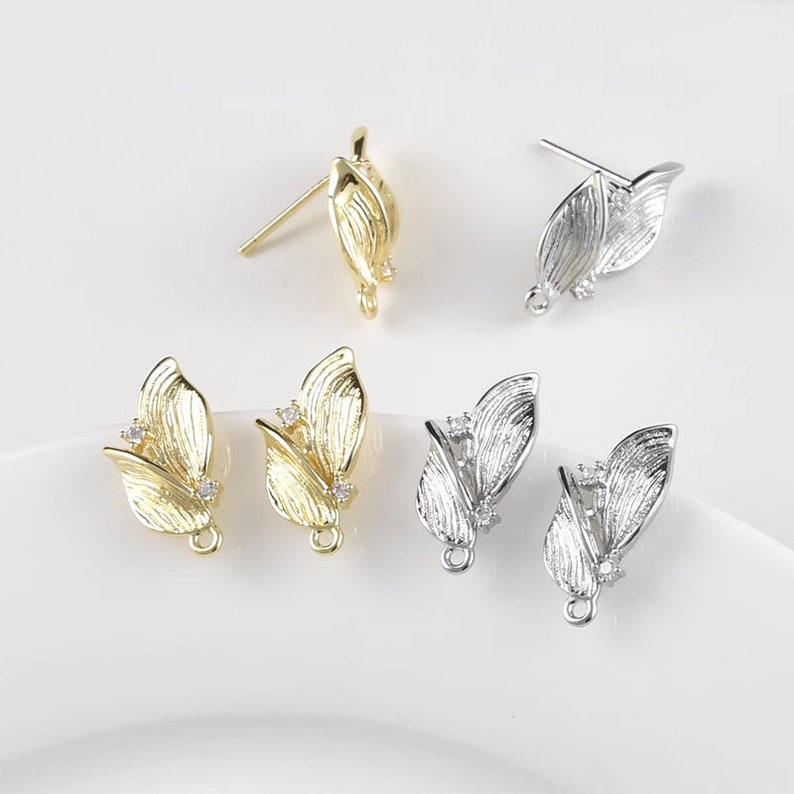 10pcs CZ pave Leaf Earrings, Gold/Silver Tone Leaves Stud Earring With Loop, 14K Real Gold Plated Brass Earring Stud Components image 7