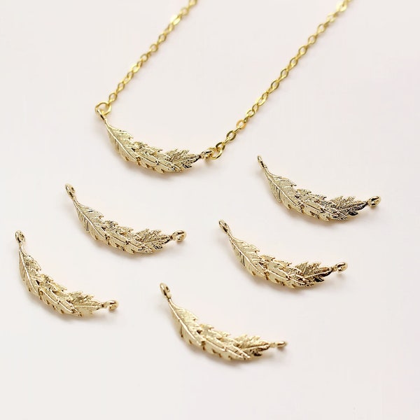 10pcs Gold Feather Leaf Charm Connectors, Leaves Pendant With Loop, 18K Gold Plated Brass Earring Necklace Pendant Connectors - 1074