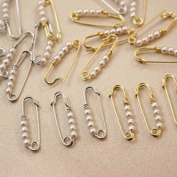 10pcs Openable Safety Pin Charms, Gold/Silver Tone Safety Pin Pendant With Pearl, 14K Gold plated Brass Earring Necklace Jewelry Supplies