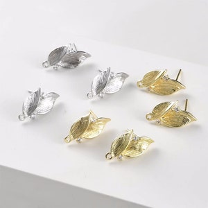 10pcs CZ pave Leaf Earrings, Gold/Silver Tone Leaves Stud Earring With Loop, 14K Real Gold Plated Brass Earring Stud Components image 8