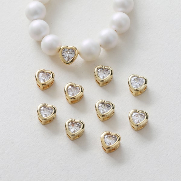 6pcs CZ Pave Love Heart Spacer Beads, Golden Heart Necklace Bracelet Connector Beads, 14K Gold plated Brass Spacer Beads - A698