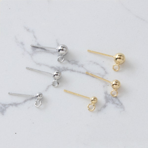 10pcs Ball Post Earring, Gold/Silver Tone Ball Stud Earring With Loop, 18K Gold Plated Brass Earring Jewelry Finding - A942