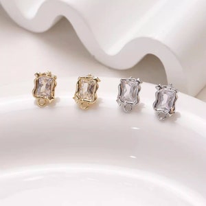 6pcs CZ paved Rectangle Stud Earrings, Rectangle Earring Posts With Loop, Cubic Zirconia Earring Stud Components - A1137