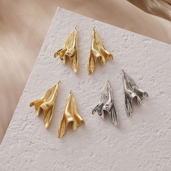 4pcs Geometric Triangle Charm, Golden/Silver Wrinkle Irregular Pendant With Loop, 14K Gold Plated Brass Dangle Push Back Earrings