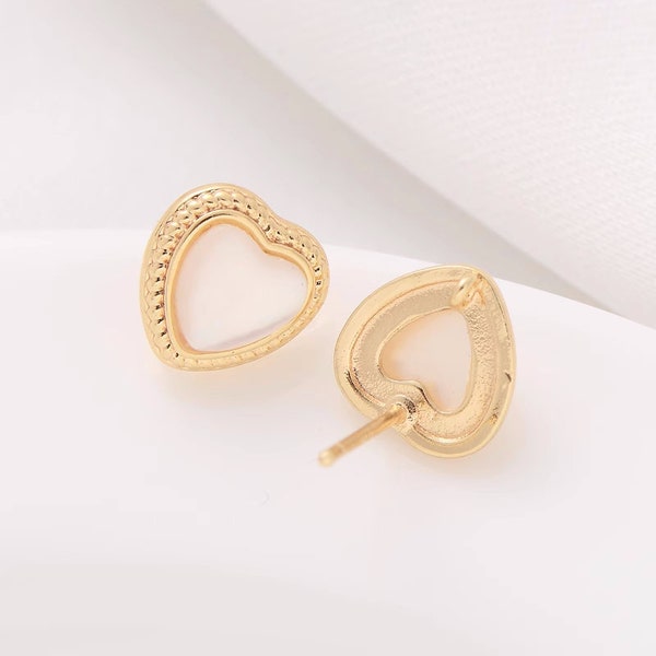 4pcs Natural Shell Love Heart Earrings, Gold Heart Stud Earrings With Loop, 14K Real Gold Plated Brass Earring Stud Components