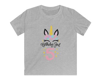 Kids 5th Fifth Birthday Girl Unicorn Age Specific Age Milestone Softstyle Tee T Shirt by StormCandyCo