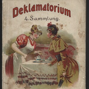 May include: An illustration of two women in vintage clothing, one wearing a red and white dress and the other wearing a brown dress with a black belt. They are standing at a table with a teapot and cups, and the text "Trinkst dochein Tässchen Kaffee mit? Na, mach man keine Flause! Man keine Angst, dass einer's sicht- Madame ist nichtzu Hause!" is printed below the image. The text "Preis 50 Pfg. Nº 422." is printed at the bottom of the image.