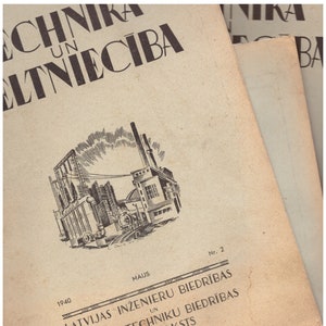 Puede incluir: Una portada de revista vintage con una ilustración en blanco y negro de una fábrica con chimeneas. El texto de la portada dice "Technika un Eltnieciba" y "Latvijas Inzenieru Biedribas un Latvijas Techniku Biedribas Menesraksts".