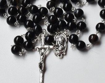 Natural agate rosary, black rosary, natural stone, catholic gift