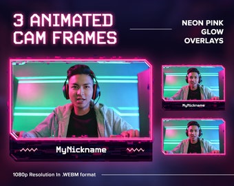 ANIMATED Neon Pink Webcam Stream Camera Border Pack, Overlay package for Twitch, Youtube, Facebook, Cyber Punk